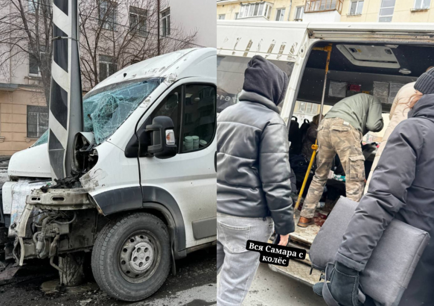 В центре Самары микроавтобус с пассажирами врезался в столб 